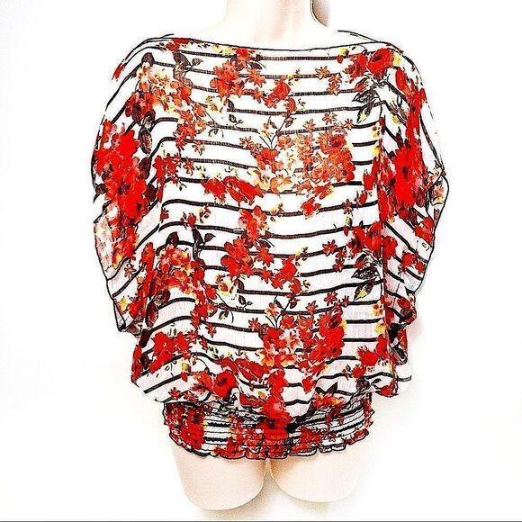 Butterfly Sleeve Floral Sheer Shell Top Sz L - Picture 1 of 13
